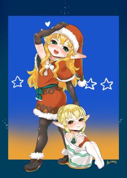 2girls blonde_hair brown_eyes capelet christmas elbow_gloves elf full_body fur_trim gloves green_eyes hat highres in_container in_sack looking_at_viewer mimit multiple_girls nude open_mouth original pointy_ears sack santa_costume santa_hat smile star_(symbol)