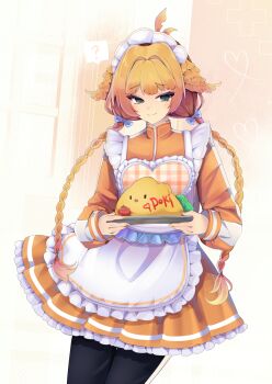 Rule 34 | 1girl, absurdres, ahoge, alternate costume, alternate hairstyle, apron, black pantyhose, blonde hair, blue eyes, braid, closed mouth, dokibird, dress, fang, hair flaps, highres, holding, holding plate, indie virtual youtuber, long hair, looking at viewer, maid, maid apron, maid headdress, pantyhose, plate, skin fang, smile, solo, tundrea, twin braids, very long hair, virtual youtuber, white apron, white headdress, yellow dress