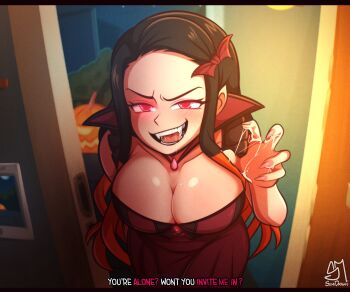 1girl absurdres artist_name black_hair blush breasts cape cleavage collarbone commentary cum cum_in_mouth cum_on_body cum_on_hands dress english_commentary english_text fangs fingernails forehead hair_ornament halloween halloween_costume hand_up highres kamado_nezuko kimetsu_no_yaiba large_breasts letterboxed long_hair looking_at_viewer open_mouth red_cape red_dress red_eyes semi_draws smile solo subtitled talking teeth upper_body vampire_costume