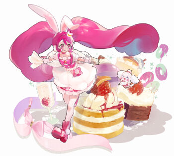 1girl ^_^ alcohol animal_ears animal_feet big_hair blush boots bow bowtie brooch buttons cake champagne champagne_flute closed_eyes closed_mouth cup cure_whip dog donut dot_nose dress dress_bow drinking_glass eyelashes floating_hair floppy_ears food food-themed_clothes food-themed_hair_ornament food_print frilled_sleeves frills fruit_print full_body gloves hair_between_eyes hair_ornament hairband happy high_heel_boots high_heels holding_pasteur_pipette jewelry kirakira_precure_a_la_mode kuronuma_s long_hair looking_at_animal magical_girl miniskirt oversized_object pekorin_(precure) pink_bag pink_boots pink_bow pink_bowtie pink_eyes pink_hair pink_hairband pink_vest pom_pom_(clothes) poodle precure puffy_short_sleeves puffy_sleeves rabbit_ears rabbit_girl running shadow short_dress short_sleeves simple_background skirt smile sparkle strawberry_print strawberry_shortcake tareme twintails usami_ichika very_long_hair vest waist_bag white_background white_dress white_gloves yellow_skirt