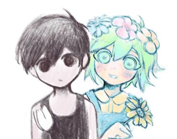 Rule 34 | 2boys, antenna hair, basil (headspace) (omori), basil (omori), black eyes, black hair, black tank top, blue overalls, blurry, blush, closed mouth, collared shirt, colored skin, double-parted bangs, flower, flower wreath, green eyes, green hair, green shirt, hair between eyes, head wreath, holding, holding flower, lilac aesthetic, looking at viewer, male focus, multiple boys, omori, omori (omori), overalls, parted lips, shirt, short hair, sidelocks, simple background, smile, tank top, tulip, white background, white flower, white skin, white tulip
