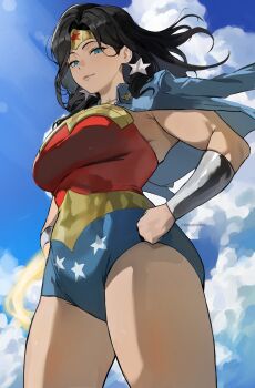 Rule 34 | 1girl, absurdres, bracer, circlet, commentary, dc comics, gold bracer, gold tiara, highres, holding lasso, lasso, lasso of truth, leotard, park ongjol, solo, superhero costume, tiara, wonder woman, wonder woman (series)