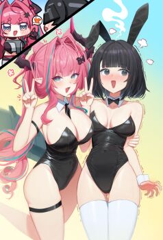 Rule 34 | 2girls, absurdres, ahoyim, animal ears, aqua hair, arknights, arknights: endfield, black bow, black bowtie, black eyes, black hair, black leotard, blue eyes, blush, bow, bowtie, breasts, commentary, cone hair bun, covered navel, detached collar, double bun, dragon girl, dragon horns, endministrator (arknights), english commentary, fake animal ears, female endministrator (arknights), hair bun, hair intakes, hair on horn, highleg, highleg leotard, highres, horns, large breasts, leotard, medium breasts, multicolored hair, multiple girls, open mouth, pink hair, playboy bunny, pointy ears, rabbit ears, strapless, strapless leotard, streaked hair, thigh strap, thighhighs, trembling, two-tone hair, v, white thighhighs, wrist cuffs, yvonne (arknights)