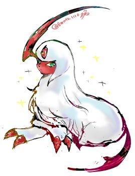 absol alternate_color animal_focus bright_pupils bwmtk1110 claws closed_mouth fluffy full_body gen_3_pokemon green_eyes highres horns looking_at_viewer mane mega_pokemon neck_fur nintendo no_humans pokemon pokemon_(creature) pokemon_focus shiny_pokemon simple_background single_horn sitting solo white_background white_fur white_pupils