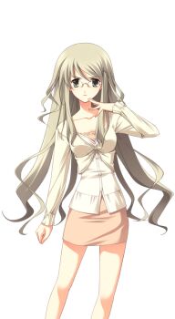 1girl bare_legs breasts brown_dress casual chaos;head clenched_hand collarbone curly_hair dress finger_to_mouth game_cg glasses green_eyes green_hair hair_ornament hairpin hand_up kusunoki_yua long_hair long_sidelocks long_sleeves looking_at_viewer matsuo_yukihiro non-web_source official_art round_eyewear science_adventure serious shirt short_dress sidelocks small_breasts sprite sundress transparent_background v-shaped_eyebrows very_long_hair white_shirt