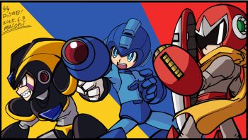 3boys agetatekoron2 arm_cannon armor assault_visor bass_(mega_man) black_armor black_helmet blue_background blue_bodysuit blue_eyes blue_helmet bodysuit chest_jewel cowboy_shot dated facial_mark forehead_jewel grey_bodysuit group_picture helmet highres male_focus mega_man_(character) mega_man_(classic) mega_man_(series) mega_man_day multiple_boys proto_man red_background red_helmet scarf sharp_teeth simple_background teeth weapon yellow_background yellow_scarf