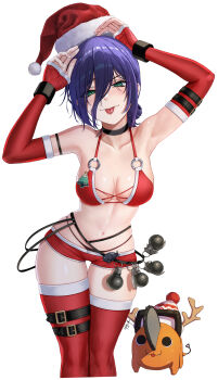 1girl absurdres alternate_costume armpits arms_up belt belt_buckle bikini black_belt black_choker breasts buckle chainsaw_man choker closed_mouth collarbone cropped_legs detached_sleeves double-parted_bangs eruthu explosive green_eyes grenade hair_between_eyes hashtag-only_commentary hat highres large_breasts long_bangs long_sleeves looking_at_viewer micro_shorts mismatched_bikini navel o-ring o-ring_bikini pochita_(chainsaw_man) purple_hair red_bikini red_shorts red_sleeves red_thighhighs reze_(chainsaw_man) santa_hat shorts simple_background solo_focus standing stomach string_bikini swimsuit thigh_belt thigh_strap thighhighs tongue tongue_out white_background