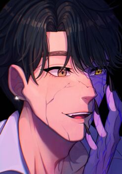 1boy absurdres aery_orange arm_up black_hair black_nails brown_eyes collared_shirt commentary cracked_kawaii_mask cracked_mask crying crying_with_eyes_open english_commentary fingernails hand_on_own_face highres jinu_(kpop_demon_hunters) kpop_demon_hunters male_focus mask open_mouth parted_hair portrait sharp_fingernails shirt short_hair smile solo streaming_tears tears teeth tongue upper_teeth_only white_shirt