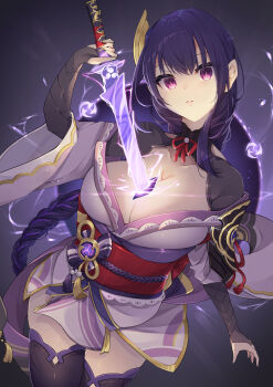 1girl absurdres arm_up blunt_bangs braid breasts bridal_gauntlets cleavage clothing_cutout collarbone commentary drawing_sword ebichiri_sunday electricity genshin_impact glowing glowing_sword glowing_weapon hair_ornament head_tilt highres holding holding_sword holding_weapon huge_breasts human_scabbard japanese_clothes kimono leaning_forward lingerie long_braid long_hair looking_at_viewer mitsudomoe_(shape) mole mole_under_eye multicolored_hair musou_isshin_(genshin_impact) neck_ribbon purple_background purple_eyes purple_hair purple_kimono purple_thighhighs raiden_shogun red_ribbon red_sash ribbon sash shoulder_cutout single_braid solo streaked_hair sword sword_between_breasts thighhighs tomoe_(symbol) underwear upper_body weapon