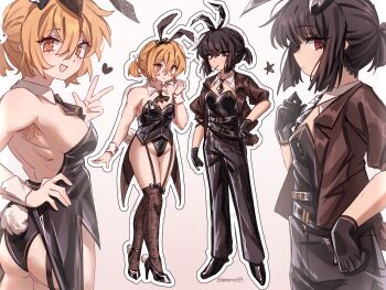 2girls absurdres animal_ear_hairband animal_ears armpit_hair artist_name ass black_bow black_gloves black_hair black_leotard black_pants black_shoes blunt_bangs bow brown_eyes brown_hair brown_thighhighs cheromo159 closed_mouth don_quixote_(project_moon) fake_animal_ears garter_straps gloves hair_between_eyes hairband heart high_heels highres leotard limbus_company looking_at_viewer multiple_girls open_mouth outline pants project_moon rabbit_ears red_eyes ryoshu_(project_moon) shoes short_hair smile thighhighs v white_outline wrist_cuffs