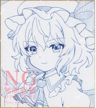1girl ascot bat_wings blue_theme closed_mouth collared_shirt commentary_request frilled_shirt_collar frills hat hat_ribbon highres hoshi_tea_party looking_at_viewer medium_hair mob_cap monochrome remilia_scarlet ribbon sample_watermark shikishi shirt smile solo touhou traditional_media watermark watermark_grid wings