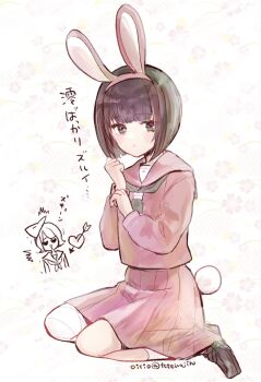 Rule 34 | 2girls, amakura mayu, amakura mio, animal ear hairband, animal ears, arrow through heart, artist name, bandaged leg, bandages, black hair, black shoes, blush, bob cut, commentary request, cosplay, cropped torso, detached sleeves, fake animal ears, fake tail, fatal frame, fatal frame ii: crimson butterfly, floral background, flower, full body, green neckerchief, hairband, hands up, heart, heart-shaped eyes, highres, loafers, long sleeves, looking at another, looking at viewer, mask, mask on head, miniskirt, multiple girls, neckerchief, oisiso, open mouth, parted lips, partially colored, pink flower, pink hairband, pink sailor collar, pink serafuku, pink shirt, pink skirt, pleated skirt, rabbit ear hairband, rabbit ears, rabbit tail, sailor collar, school uniform, serafuku, shimizu hinako, shimizu hinako (cosplay), shimizu hinako (pink rabbit costume), shirt, shoes, short hair, siblings, silent hill (series), silent hill f, sisters, sitting, skirt, smile, socks, tail, translated, trembling, triangle mouth, twins, twitter username, wariza, white background, white socks