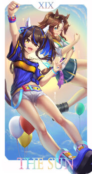 2girls absurdres animal_ears arm_up belt black_boots blue_boots blue_eyes blue_hair blue_shirt blush boots brown_hair clenched_hands colored_inner_hair commentary_request cropped_jacket cutoffs daitaku_helios_(fun_fun_party_night)_(umamusume) daitaku_helios_(umamusume) ear_covers ear_piercing facial_tattoo fang fingerless_gloves full_body fur-trimmed_jacket fur_trim gloves hair_between_eyes hair_ornament hairclip highres horse_ears horse_girl horse_tail jacket lanse_dai_mao long_hair long_sleeves mejiro_palmer_(umamusume) multicolored_hair multiple_girls one_eye_closed open_mouth piercing shirt shorts side_ponytail single_fingerless_glove smile streaked_hair striped_clothes striped_shirt tail tarot tattoo the_sun_(tarot) tied_shirt umamusume w white_gloves white_hair white_jacket white_shorts yellow_belt yellow_shirt