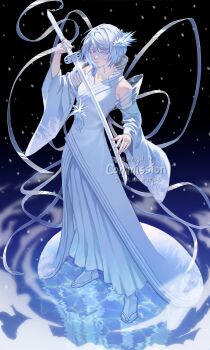 1girl absurdres bankai bare_shoulders bleach bleach:_sennen_kessen-hen breasts closed_mouth colored_eyelashes commission detached_sleeves dress fighting_stance hair_between_eyes hakka_no_togame_(bankai) highres holding holding_sword holding_weapon ice kuchiki_rukia medium_breasts min_gal_77 sandals short_hair solo standing sword tabi twitter_username weapon white_dress white_hair wide_sleeves zanpakutou