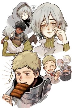 +++ 1girl 5boys ^_^ armor black_hair blonde_hair celesismore chilchuck_tims closed_eyes commentary crying dark-skinned_male dark_skin dungeon_meshi eating english_commentary facial_hair food fork grey_hair highres holding holding_fork holding_skewer kabru laios_touden marcille_donato meat medium_hair mithrun multiple_boys mustache one_eye_closed open_mouth senshi_(dungeon_meshi) short_hair shoulder_armor shrimp simple_background skewer smile sparkle spoken_squiggle squiggle streaming_tears tears wavy_hair white_background