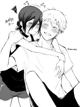 1boy 1girl arms_around_neck black_choker black_shorts blush chainsaw_man choker couple denji_(chainsaw_man) furrowed_brow grenade_pin greyscale grin hair_between_eyes hetero highres hug hug_from_behind light_frown medium_hair monochrome one_eye_closed reze_(chainsaw_man) salty_fima shirt short_hair shorts smile t-shirt teeth updo white_background white_shirt