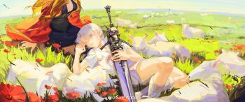 Rule 34 | 1boy, 1girl, absurdres, aged down, blonde hair, blue eyes, breasts, closed mouth, dante (devil may cry), day, devil may cry (series), dress, eva (devil may cry), faceless, faceless female, family, field, flower, flower field, grass, highres, long hair, mother and son, multiple sheep, nature, outdoors, parent and child, rebellion (sword), sheep, sin node, sky, white hair