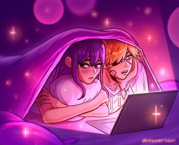 1boy 1girl bandage_on_face bandages bed blanket blush chainsaw_man commentary couple crossed_arms denji_(chainsaw_man) dreamy1ight english_commentary eyepatch hand_on_own_chin highres hugging_object light_blush looking_to_the_side mitaka_asa night notebook on_bed pillow pillow_hug shirt under_covers white_shirt