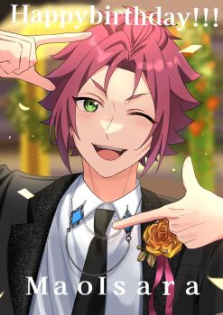 Rule 34 | 1boy, arm up, bangs pinned back, black necktie, character name, collar chain (jewelry), collared shirt, commentary, confetti, ensemble stars!, flower, fuuma (huuma 1totomaru), green eyes, hand up, happy birthday, highres, isara mao, lapels, looking at viewer, male focus, necktie, notched lapels, one eye closed, open mouth, shirt, short hair, smile, solo, teeth, upper body, upper teeth only