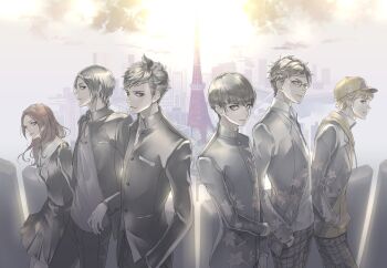 1girl 5boys atsuta_yuzuru black_hair black_pants black_skirt blonde_hair brown_hair building buttons city cloud dazai_ichiro demi-fiend floral_print_jacket from_side gakuran glasses grey_eyes hand_in_pocket hashtag-only_commentary hat hood hoodie in-franchise_crossover jewelry jouin_high_school_uniform long_hair multiple_boys necklace nitta_isamu pants pleated_skirt protagonist_(smtv) protagonist_(student)_(smtv) ryokuyuu school_uniform shin_megami_tensei shin_megami_tensei_iii:_nocturne shin_megami_tensei_v short_hair skirt striped_clothes striped_pants sunlight symmetrical_pose tachibana_chiaki_(megami_tensei) tokyo_tower yellow_eyes yellow_hat yellow_hoodie