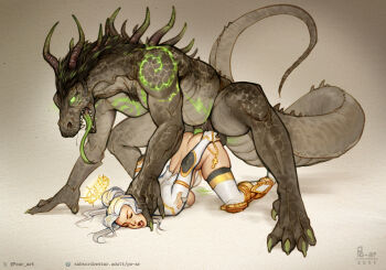 1girl anal artist_name ass bestiality brown_background colored_tongue creature dragon gradient_background green_tongue halo highres holding holding_jewelry holding_necklace jewelry necklace open_mouth original penis po-ar priestess rape sex sharp_teeth teeth tongue tongue_out top-down_bottom-up white_hair