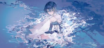 1girl absurdres armlet bare_shoulders blue_eyes blue_hair blue_shirt blue_skirt blue_sleeves blue_theme buttons cape closed_mouth clothing_cutout collared_cape commentary detached_sleeves dot_nose empty_eyes exif_rotation eyelashes fortissimo frilled_shirt frills full_body hair_between_eyes hair_ornament hairclip high_collar highres jewelry layla_836829767 light_particles long_sleeves looking_ahead magical_girl mahou_shoujo_madoka_magica mahou_shoujo_madoka_magica_(anime) miki_sayaka miniskirt musical_note musical_note_hair_ornament ocean partially_submerged pleated_skirt sad shirt short_hair sideways sitting skirt solo splashing stomach_cutout strapless strapless_shirt symbol-only_commentary thighhighs two-tone_shirt water_drop white_cape white_shirt white_thighhighs