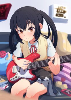 1girl absurdres animal animal_on_lap black_cat black_hair blush brown_eyes cat cat_on_lap closed_mouth collared_shirt commentary english_commentary eyebrows_hidden_by_hair feet_out_of_frame film_grain grey_skirt guitar hair_between_eyes highres holding holding_guitar holding_instrument indoors instrument k-on! long_hair looking_at_viewer miniskirt music nakano_azusa neck_ribbon on_bed on_lap playing_guitar playing_instrument pleated_skirt red_ribbon ribbon school_uniform shirt short_sleeves sidelocks sitting skirt sleeping smile solo split_mouth sweater_vest tea_ramisu twintails white_shirt yellow_sweater_vest