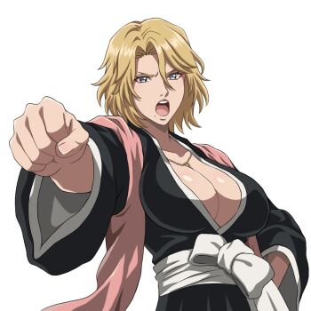 1girl b_eaka bleach bleach:_sennen_kessen-hen blonde_hair blue_eyes breasts cleavage collarbone large_breasts matsumoto_rangiku medium_hair mole mole_under_mouth open_mouth shihakusho solo