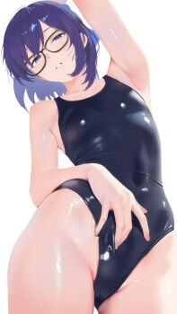 Rule 34 | 1girl, a-chan (hololive), arm behind head, armpit crease, armpits, black-framed eyewear, blue eyes, blue one-piece swimsuit, breasts, cohi27151463, covered navel, cowboy shot, glasses, groin, hair in own mouth, highres, hololive, looking at viewer, one-piece swimsuit, paid reward available, parted lips, purple hair, purple nails, short hair, small breasts, swimsuit, virtual youtuber