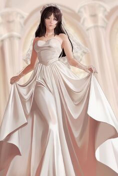 1girl absurdres black_hair breasts bridal_veil brown_eyes cleavage closed_mouth column dress heterochromia highres hope_alanzi indoors laohuangsbitch large_breasts lips long_dress long_hair pillar purple_eyes smile solo strapless strapless_dress veil wedding_dress white_dress xenoblade_chronicles_(series) xenoblade_chronicles_x