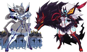 2girls 6+others absurdres breasts cleavage cosplay crossover cyberlord1109 furry furry_female grey_fur grey_hair highres junketsu kill_la_kill kindred_(league_of_legends) kiryuuin_satsuki kiryuuin_satsuki_(cosplay) lamb_(league_of_legends) large_breasts league_of_legends living_clothes mask matoi_ryuuko matoi_ryuuko_(cosplay) microskirt multiple_crossover multiple_girls multiple_others one-star_students pseudoregalia revealing_clothes scissor_blade_(kill_la_kill) senketsu skirt suspenders sybil_(pseudoregalia) tail thick_thighs thighhighs thighs trait_connection underboob white_fur white_hair wide_hips wolf wolf_(league_of_legends)