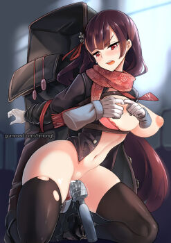 1girl arms_behind_back bar_censor bdsm black_thighhighs blush bondage bottomless bound bound_arms bra bra_pull breasts brown_hair censored clothes_pull dildo egg_vibrator girls&#039;_frontline gloves hair_ribbon half_updo hitachi_magic_wand hm_(hmongt) inverted_nipples kneeling lace lace_bra large_breasts long_hair luggage navel nipples object_insertion official_alternate_costume open_mouth pointless_censoring puffy_areolae puffy_nipples pussy_juice red_eyes red_ribbon ribbon scarf sex_toy solo_focus spread_nipples tears thighhighs torn_clothes torn_legwear underwear vaginal vaginal_object_insertion very_long_hair vibrator wa2000_(date_in_the_snow)_(girls&#039;_frontline) wa2000_(girls&#039;_frontline) white_gloves