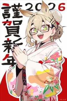 1girl 2026 animal_ears artist_name black_nails black_shirt blonde_hair chinese_zodiac earrings floral_print flower glasses green_eyes hair_between_eyes hair_bun hair_flower hair_ornament hairclip horse_ears horseshoe_earrings japanese_clothes jewelry kemonomimi_mode kimono kulumi_(omaru_gyuunyuu) looking_at_viewer multicolored_hair new_year omaru_gyuunyuu open_mouth original outline own_hands_together pink_kimono shirt smile solo streaked_hair teeth thick_eyebrows upper_body upper_teeth_only wide_sleeves year_of_the_horse yukata