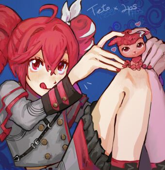 1girl ahoge animalization blue_background blush buttons coat commentary crossover dog drill_hair english_commentary frills heart kasane_teto kasane_teto_(sv) littlest_pet_shop poodle red_eyes red_hair red_nails simple_background sitting skirt solo synthesizer_v tongue tongue_out toy twin_drills utau wormontwostrings