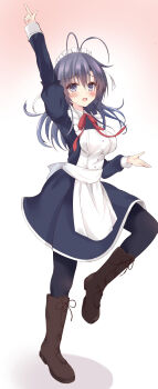 1boy :d absurdres antenna_hair apron arm_up black_boots black_hair black_pantyhose black_shirt black_skirt blush boots breast_padding commentary_request commission eyelashes eyes_visible_through_hair floating_hair frilled_apron frills full_body gradient_background grey_eyes hair_between_eyes hand_up highres index_finger_raised juliet_sleeves lace-up_boots long_hair long_sleeves looking_at_viewer maid maid_apron maid_headdress neck_ribbon ookura_yuusei open_mouth pantyhose pink_background puffy_sleeves purunyara raised_eyebrows red_ribbon ribbon shirt shy simple_background skeb_commission skirt smile solo standing standing_on_one_leg tenshinranman tenshinranman_pose trap tsuki_ni_yorisou_otome_no_sahou tsurime white_apron white_background