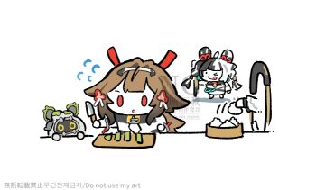 &gt;_o 2girls ahoge bangboo_(zenless_zone_zero) belion_(zenless_zone_zero) black_hair bracelet brown_hair chakram chibi chibi_only china_dress chinese_clothes closed_mouth clover clover_hair_ornament commentary cutting_board detached_sleeves dialyn_(zenless_zone_zero) dress droopy_ears dumpling flying_sweatdrops food hair_extensions hair_ornament hairband holding holding_knife jewelry knife long_hair metal_bracelet motion_lines multicolored_hair multiple_girls necktie one_eye_closed open_mouth portal_(object) red_eyes ring_hair_extensions shidare_(youh4016) silver_bracelet simple_background split-color_hair tongue tongue_out weapon white_background white_dress white_hair white_hairband wire ye_shunguang yellow_necktie zenless_zone_zero