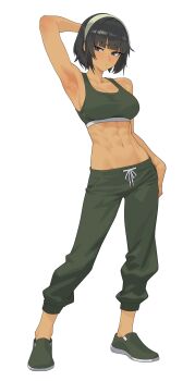 1girl abs arm_behind_head black_hair closed_mouth commentary dark-skinned_female dark_skin english_commentary full_body grey_eyes hand_on_own_hip highres kuso_otoko original short_hair simple_background solo sports_bra white_background