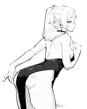 1girl absurdres alternate_costume back backless_dress backless_outfit breasts choker closed_mouth cowboy_shot dress elf frieren from_side greyscale hand_up highres leaning_forward long_hair looking_at_viewer medium_breasts miregeist monochrome parted_bangs pelvic_curtain pointy_ears simple_background solo sousou_no_frieren strapless strapless_dress twintails white_background