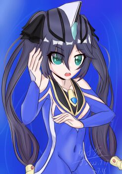 1girl absurdres aqua_eyes artist_name black_hair blue_background blue_bodysuit bodysuit breasts cameltoe chest_jewel color_timer cosplay cowboy_shot dated eyelashes fighting_stance genshin_impact gradient_background hair_between_eyes hair_ornament hair_ribbon highres long_hair looking_at_viewer medium_breasts mona_(genshin_impact) multicolored_bodysuit off_shoulder open_mouth ribbon serious signature simple_background skin_tight solo standing thick_eyelashes tokusatsu twintails two-tone_bodysuit ultra_series ultraman_agul ultraman_agul_(cosplay) ultraman_agul_(v2) ultraman_gaia_(series) very_long_hair wavy_background xpjz20061108