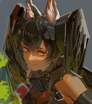 1girl angelina_(arknights) animal_ear_fluff animal_ears arknights arknights:_endfield bare_shoulders belt brown_hair close-up colored_inner_animal_ears commentary english_commentary fox_ears fox_girl gilberta_(arknights) grey_background headpiece high_belt looking_at_viewer orange_eyes pandemoon pensive simple_background solo upper_body