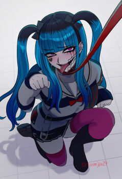 Rule 34 | 1girl, absurdres, amemiya darumi, black boots, black hair, black skirt, blue hair, blunt bangs, blush, boots, bow, collarbone, collared shirt, commentary request, drooling, ear piercing, eyelashes, facepaint, facial mark, heart, heart facial mark, highres, leash, long hair, long sleeves, multicolored hair, on one knee, open mouth, paw pose, piercing, pink eyes, pink thighhighs, red bow, safety pin, sailor collar, saliva, shirt, sidelocks, skirt, smile, solo, striped clothes, striped shirt, teeth, the hundred line -last defense academy-, thighhighs, tongue, tongue out, twintails, two-tone hair, upper teeth only, white sailor collar, zhu gong