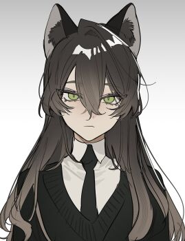 1girl animal_ears black_hair black_necktie black_sweater collared_shirt commentary_request dano80085dano degrees_of_lewdity fox_ears fox_girl green_eyes grey_eyes hair_between_eyes highres long_hair looking_at_viewer necktie player_character_(degrees_of_lewdity) player_character_(female)_(degrees_of_lewdity) shirt simple_background solo sweater white_shirt