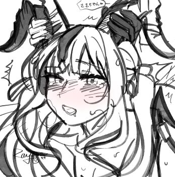 2girls arknights bang_dream! bang_dream!_it&#039;s_mygo!!!!! blush chinese_commentary commentary_request futa_with_female futanari highres horn_grab horns implied_futanari implied_sex misumi_uika multiple_girls open_mouth saliva sidelocks sweat togawa_sakiko togawa_sakiko_(master_of_melodia) translated yoyoray20001996