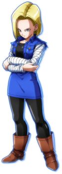 Rule 34 | android, android 18, ankle boots, black pantyhose, blonde hair, blue eyes, boots, brown boots, commentary request, crossed arms, denim, denim skirt, denim vest, dragon ball, dragon ball fighterz, earrings, jewelry, long sleeves, looking at viewer, miniskirt, official art, pantyhose, promotional art, serious, short hair, simple background, skirt