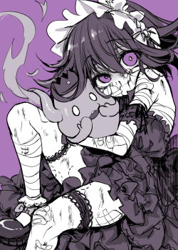 1boy :d bandaged_arm bandaged_leg bandaged_torso bandages bandaid bandaid_on_arm bandaid_on_cheek bandaid_on_face bandaid_on_leg bare_shoulders blood blush bruise cosplay crown danganronpa_(series) danganronpa_v3:_killing_harmony detached_sleeves dress frilled_dress frills headdress highres hug injury knee_up kuchi_~ie nosebleed oma_kokichi open_mouth purple_background shinigami_(rain_code) shinigami_(rain_code)_(cosplay) shoes simple_background smile teeth upper_teeth_only