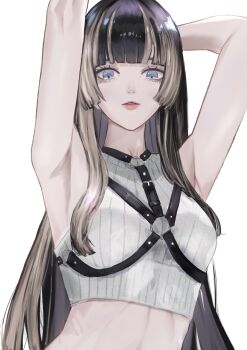 1girl absurdres armpits arms_behind_head arms_up black_hair blue_eyes blunt_bangs breasts chest_harness coat commentary crop_top cropped_sweater dhbwinner grey_hair harness highres hime_cut hololive hololive_dev_is juufuutei_raden long_hair looking_at_viewer medium_breasts multicolored_hair o-ring o-ring_harness parted_bangs ribbed_sweater simple_background sleeveless sleeveless_coat solo straight_hair streaked_hair sweater two-tone_hair upper_body very_long_hair virtual_youtuber white_background white_sweater