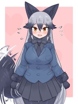 1girl animal_ears aramaru black_bow black_bowtie black_gloves black_hair blush bow bowtie breasts commentary_request extra_ears flustered fox_ears fox_girl fox_tail fur-trimmed_sleeves fur_trim gloves grey_hair hair_between_eyes highres jacket kemono_friends large_breasts long_hair long_sleeves looking_at_viewer multicolored_hair open_mouth pantyhose silver_fox_(kemono_friends) skirt tail tail_wagging