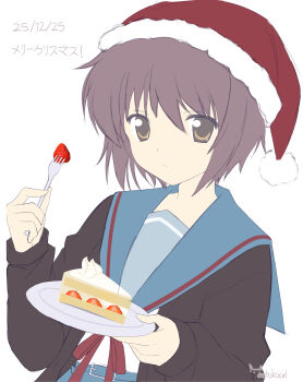 1girl absurdres black_cardigan blue_sailor_collar brown_eyes cake cardigan commentary dated expressionless food fork fruit fur-trimmed_headwear fur_trim hands_up hat highres holding holding_fork holding_plate kita_high_school_uniform long_sleeves looking_at_viewer merry_christmas nagato_yuki open_cardigan open_clothes plate purple_hair red_hat red_ribbon ribbon sailor_collar satokocel school_uniform shirt short_hair simple_background solo strawberry strawberry_shortcake suzumiya_haruhi_no_yuuutsu upper_body white_background white_shirt winter_uniform