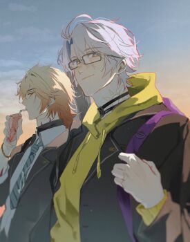 2boys absurdres antenna_hair black_choker blazer blonde_hair blue_eyes blue_necktie braid choker collared_shirt commentary drink_carton drinking_straw drinking_straw_in_mouth ggtnnk glasses gradient_hair highres holding holding_juice_box honkai:_star_rail honkai_(series) hood hood_down hoodie jacket juice_box male_focus medium_hair multicolored_hair multiple_boys mydei_(honkai:_star_rail) neck_tattoo necktie open_clothes open_jacket outdoors parted_bangs phainon_(honkai:_star_rail) red_hair red_tattoo school_uniform shirt short_hair side_braid striped_clothes striped_necktie sun_symbol sun_tattoo symbol-only_commentary tan tattoo white_hair white_shirt yellow_eyes yellow_hoodie