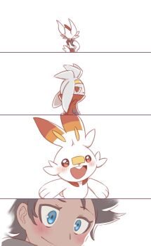 1boy 4koma animal_ears black_hair blue_eyes blush buck_teeth cinderace comic dark-skinned_male dark_skin from_behind gen_8_pokemon goh_(pokemon) highres looking_at_viewer nintendo pokemon pokemon_(anime) rabbit_ears raboot scorbunny short_hair smile teeth upper_body white_background
